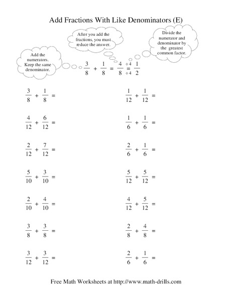 Add Fractions With Like Denominators (E) Worksheet