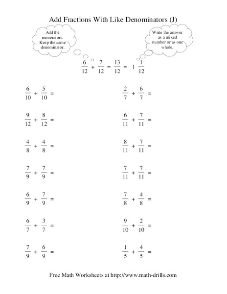 Add Fractions With Like Denominators (J) Worksheet