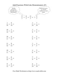 Add Fractions With Like Denominators [F] Worksheet