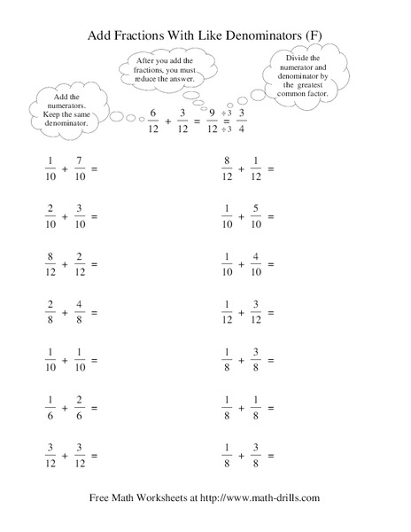 Add Fractions With Like Denominators [F] Worksheet