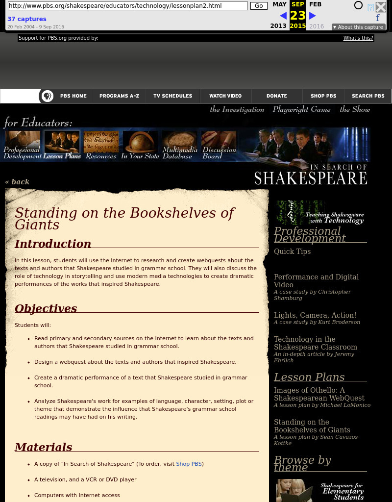 Shakespeare: Standing on the Bookshelves of Giant Lesson Plan