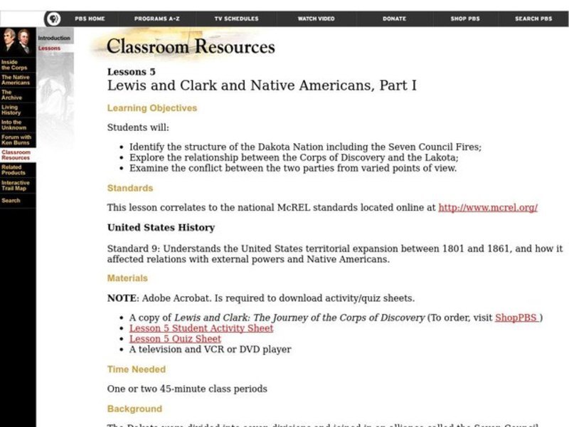 Lewis and Clark and Native Americans, Part I Lesson Plan