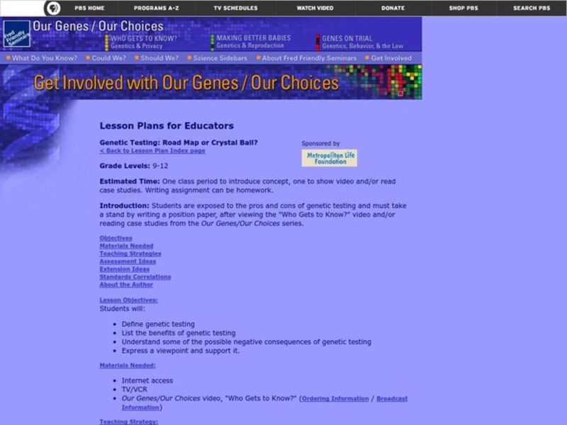 Genetic Testing: Road Map or Crystal Ball? Lesson Plan