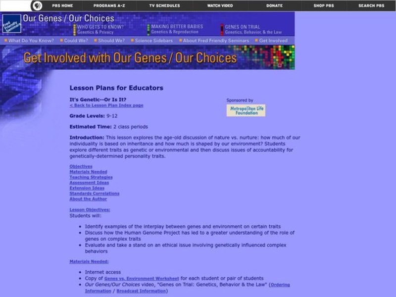 It's Genetic--Or Is It? Lesson Plan