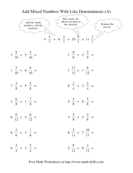 Add Mixed Numbers With Like Denominators (A) Worksheet