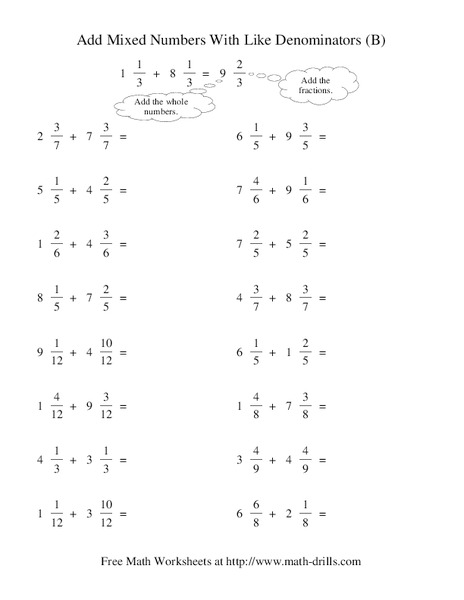 Add Mixed Numbers With Like Denominators (B) Worksheet