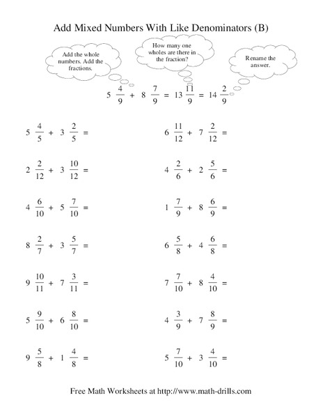 Add Mixed Numbers With Like Denominators (B) Worksheet