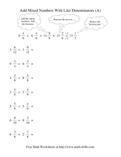 Add Mixed Numbers With Like Denominators (A) Worksheet