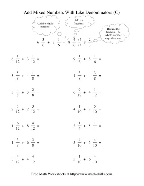 Add Mixed Numbers With Like Denominators (C) Worksheet