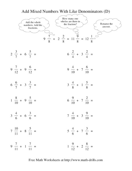 Add Mixed Numbers with Like Denominators (D) Worksheet