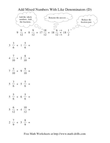 Add Mixed Numbers With Like Denominators (D) Worksheet