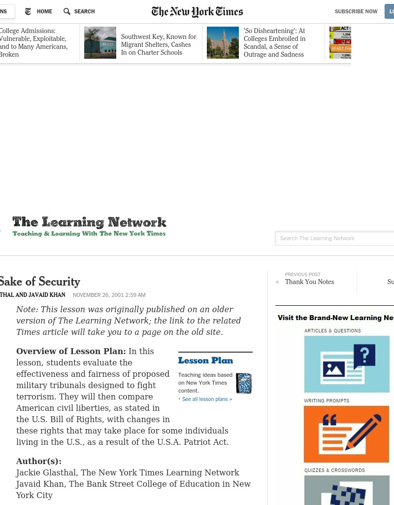 For The Sake Of Security: U.S.A. Patriot Act & Bill of Rights Lesson Plan