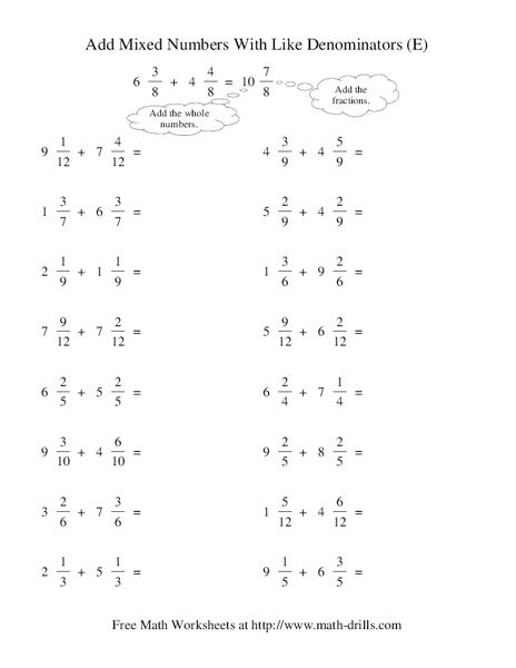 Add Mixed Numbers With Like Denominators (E) Worksheet