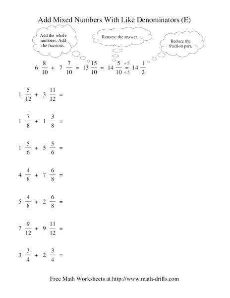 Add Mixed Numbers With Like Denominators (E) Worksheet