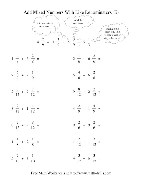 Add Mixed Numbers With Like Denominators (E) Worksheet