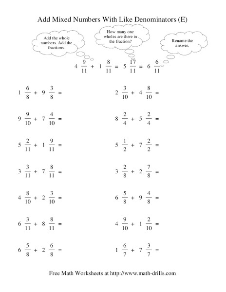 Add Mixed Numbers With Like Denominators (E) Worksheet