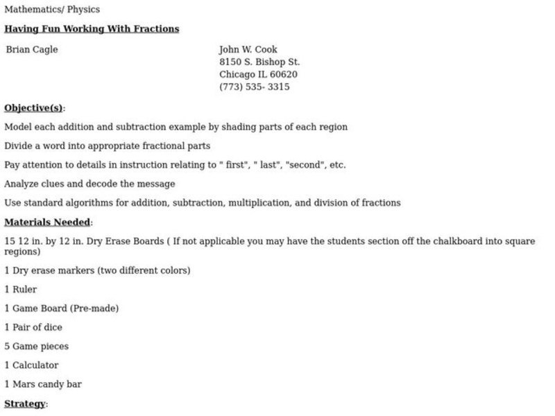 Having Fun Working with Fractions Lesson Plan