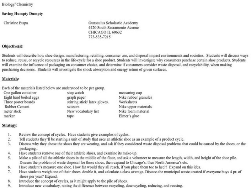 Saving Humpty Dumpty;Recycling, Environmental Science, Math, Ecology, Athletic Shoes Lesson Plan