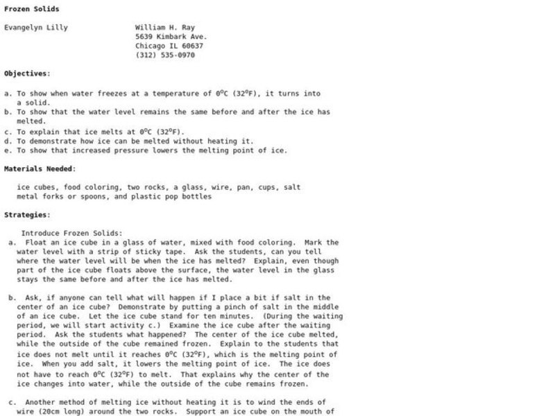 Frozen Solids Lesson Plan