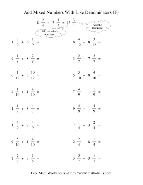 Add Mixed Numbers with Like Denominators (F) Worksheet