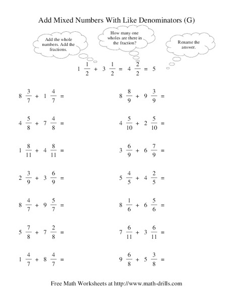 Add Mixed Numbers with Like Denominators (G) Worksheet