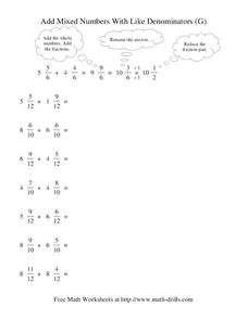 Add Mixed Numbers With Like Denominators (G) Worksheet