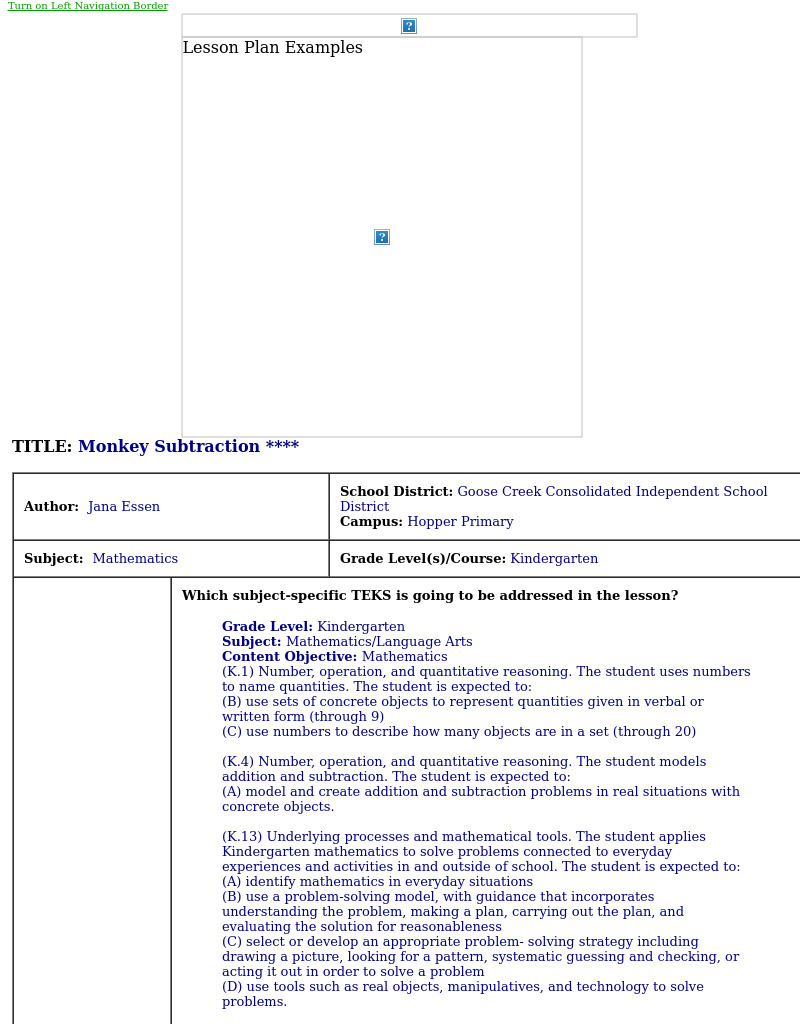 Monkey Subtraction Lesson Plan
