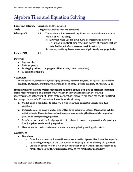 Algebra Tiles and Solving Equations Lesson Plan