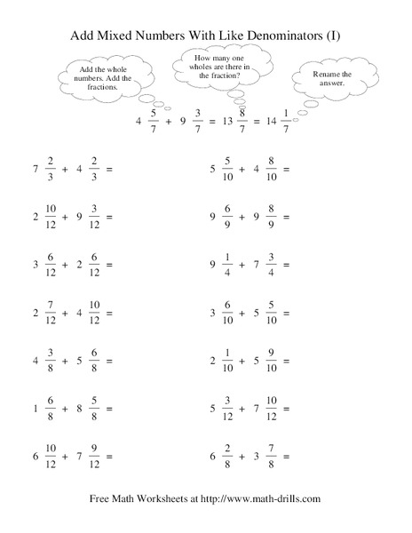 Add Mixed Numbers With Like Denominators (I) Worksheet