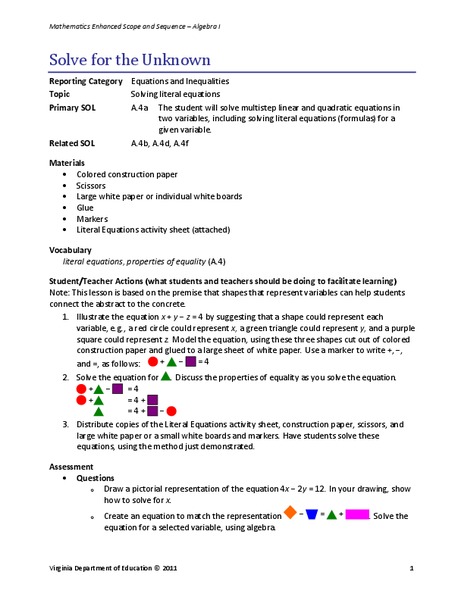Solve for the Unknown Lesson Plan