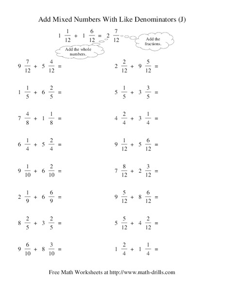 Add Mixed Numbers With Like Denominators (J) Worksheet