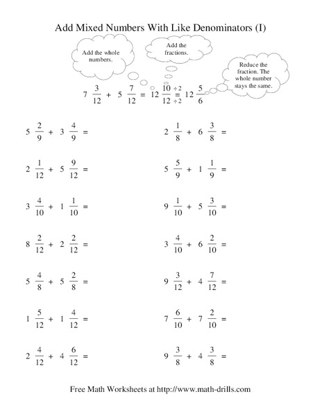 Add Mixed Numbers with Like Denominators (I) Worksheet