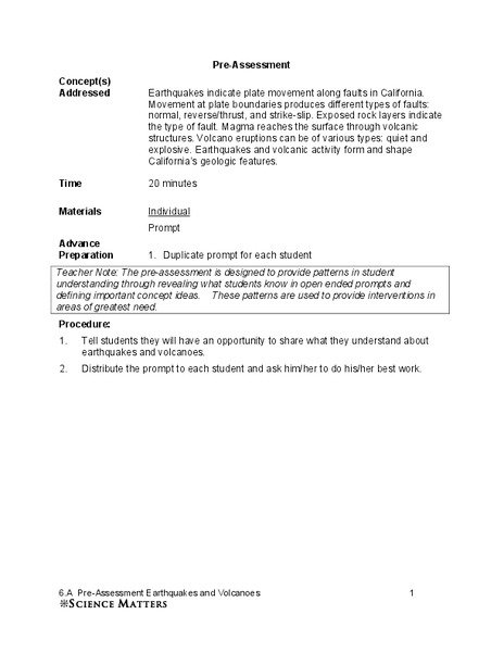 Earthquakes and Volcanoes Pre-Assessment Assessment