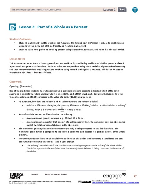 Part of a Whole as a Percent Lesson Plan