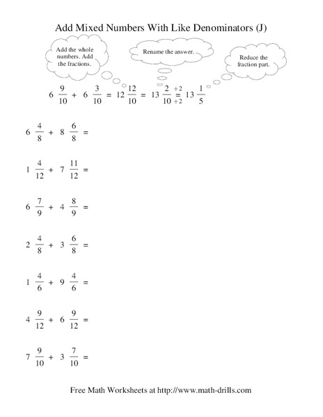Add Mixed Numbers With Like Denominators (J) Worksheet