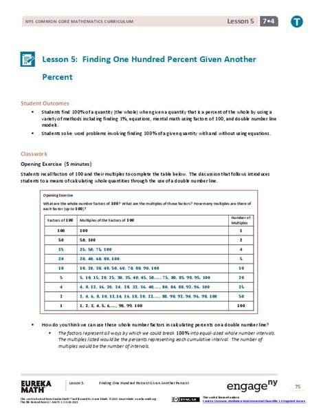 Finding One Hundred Percent Given Another Percent Lesson Plan