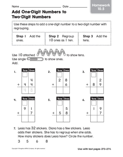 Add One-Digit Numbers to Two-Digit Numbers Worksheet