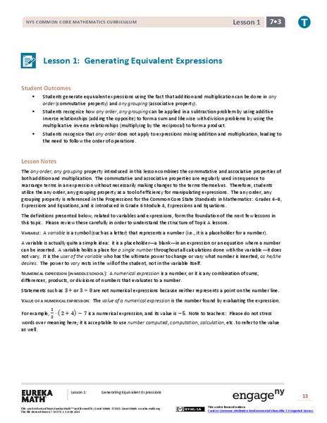 Generating Equivalent Expressions Lesson Plan