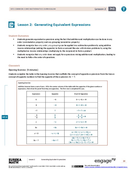 Generating Equivalent Expressions II Lesson Plan