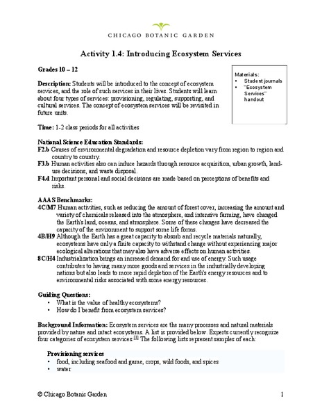 Introducing Ecosystem Services Lesson Plan