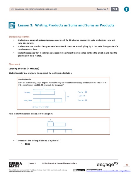 Writing Products as Sums and Sums as Products Lesson Plan