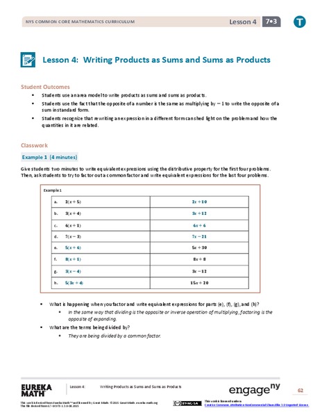 Writing Products as Sums and Sums as Products II Lesson Plan
