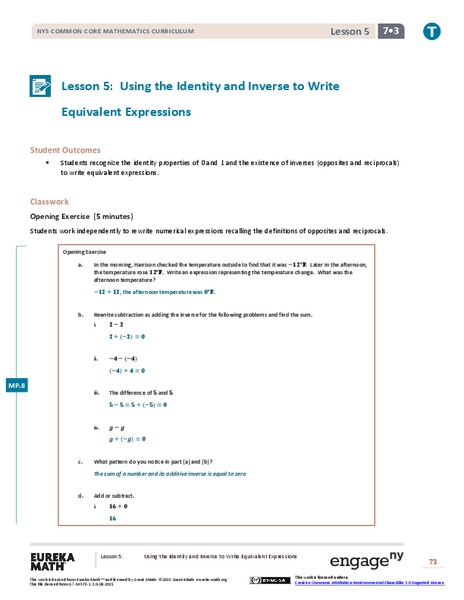 Using the Identity and Inverse to Write Equivalent Expressions Lesson Plan