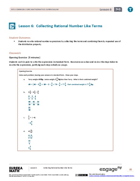 Collecting Rational Number Like Terms Lesson Plan