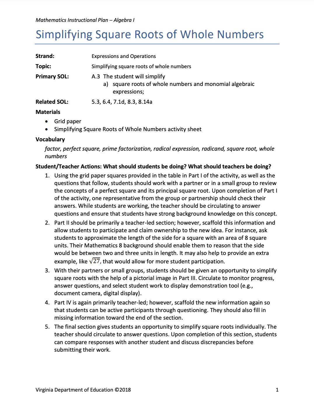 Simplifying Square Roots of Whole Numbers Lesson Plan