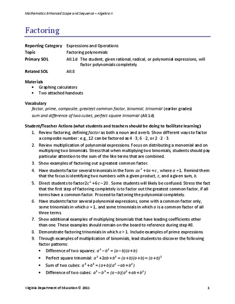 Factoring Lesson Plan