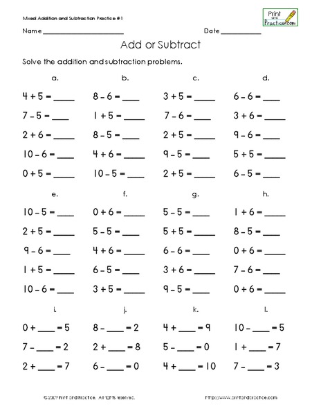 Add or Subtract Worksheet