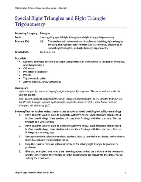 Special Right Triangles and Right Triangle Trigonometry Lesson Plan