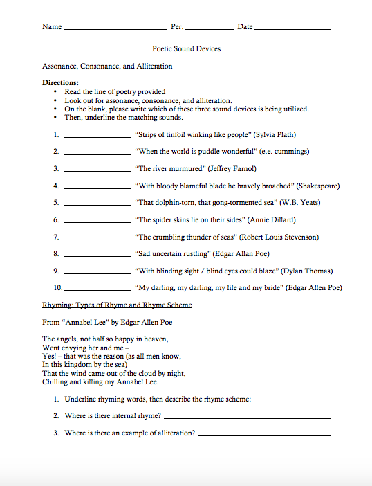 Poetic Sound Devices Worksheet