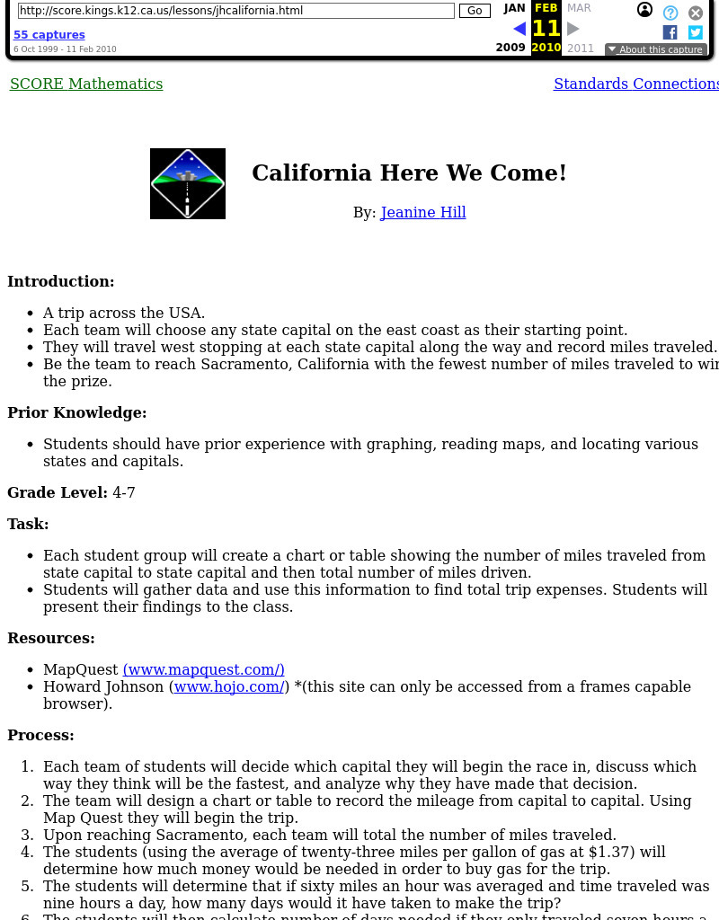 California Here We Come! Lesson Plan